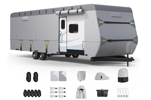 7-Layer Thickened RV Cover, 18-20ft Ultra Windproof & Tear Resistant Travel Trailer Cover, All-Weather Camper Cover with 6 Vents & Breathable Design, 5+2 Reinforced Straps and Complete Kit