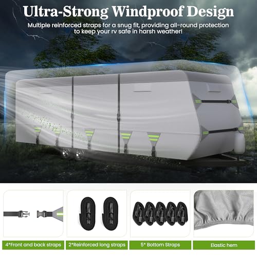 7-Layer Thickened RV Cover, 18-20ft Ultra Windproof & Tear Resistant Travel Trailer Cover, All-Weather Camper Cover with 6 Vents & Breathable Design, 5+2 Reinforced Straps and Complete Kit