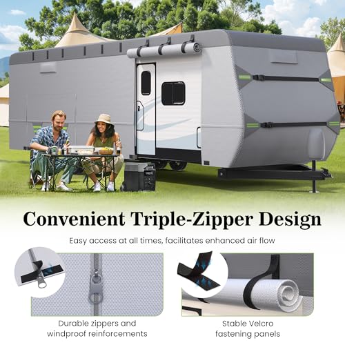 7-Layer Thickened RV Cover, 18-20ft Ultra Windproof & Tear Resistant Travel Trailer Cover, All-Weather Camper Cover with 6 Vents & Breathable Design, 5+2 Reinforced Straps and Complete Kit
