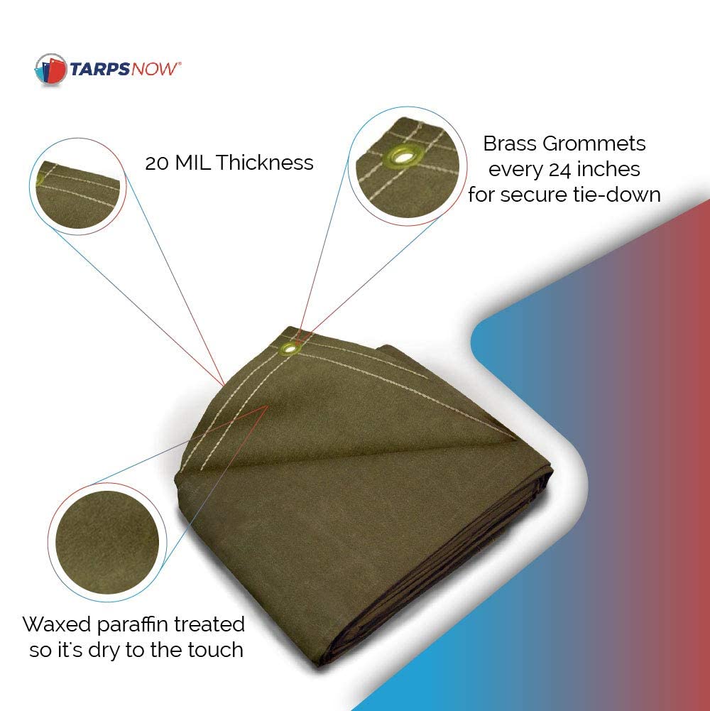 Tarps Now 20x20 ft Heavy Duty Canvas Tarp | 20 MIL Commercial Grade, Tear Resistant, Reinforced Edges, Brass Grommets | Ideal for Construction, Trucking, Manufacturing, Automotive – Olive Color