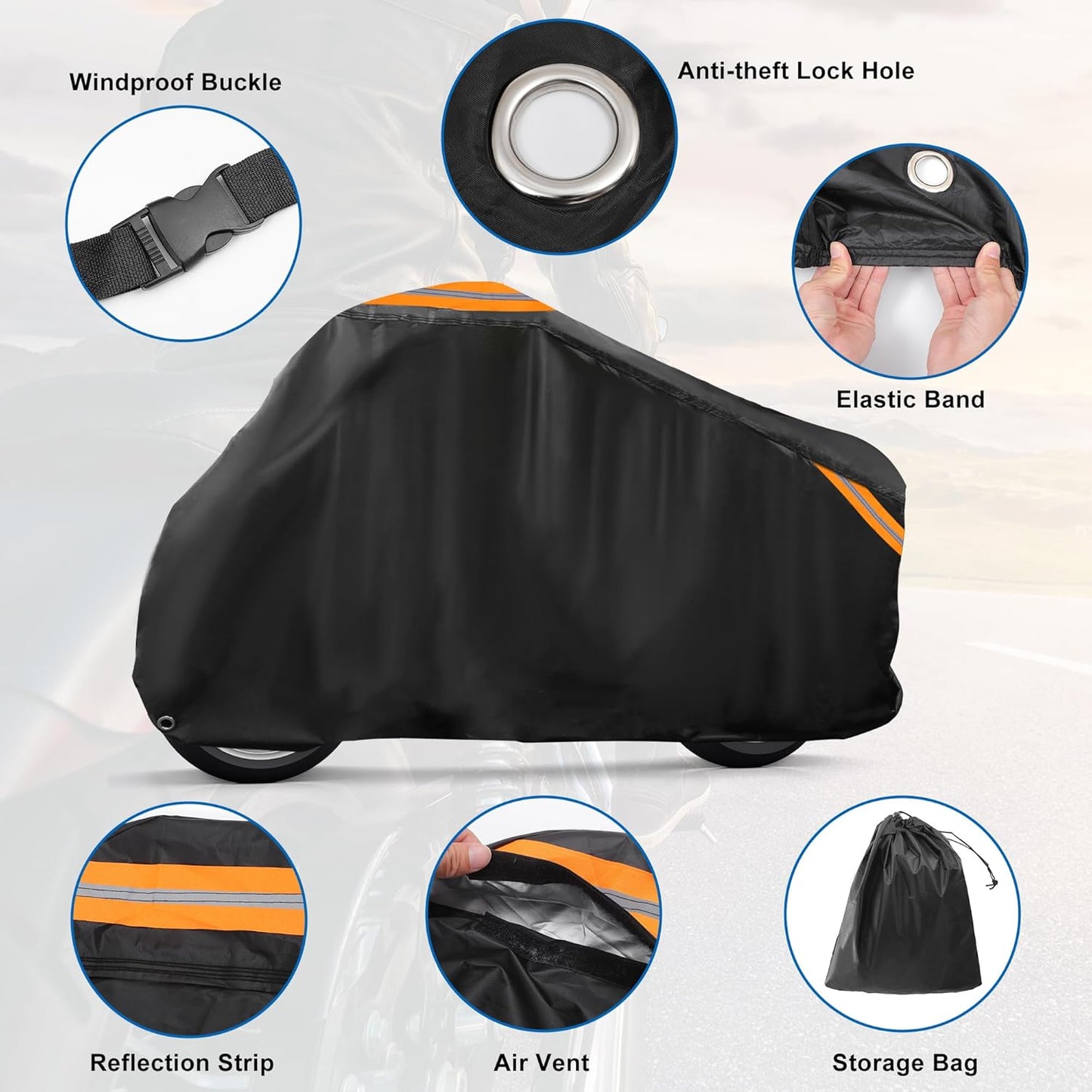 uxcell Motorcycle Cover All Season Universal Weather Waterproof Sun Outdoor Protection with Reflective Strip Lock-Holes Storage Bag Fits Up to 90.5" Motorcycles Vehicle Cover Black