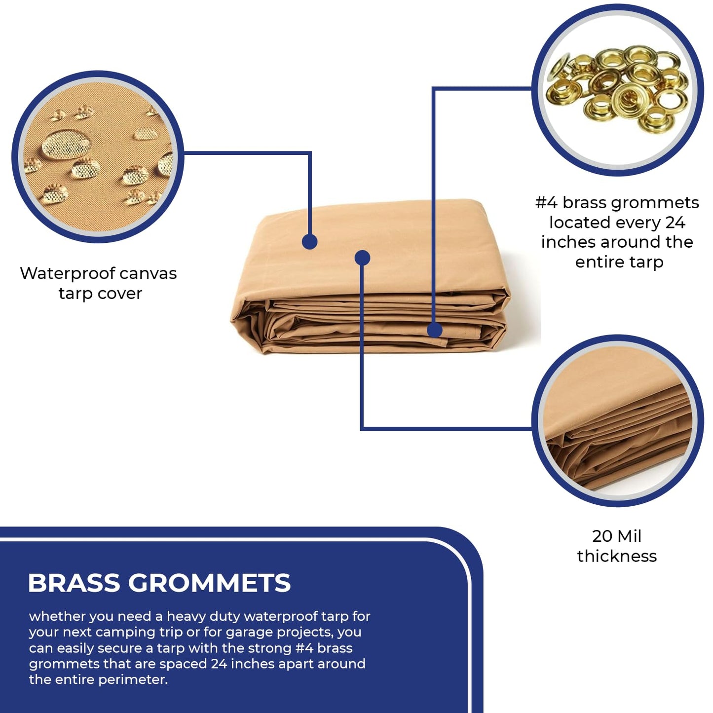 Tarps Now 20x40 Feet Waterproof Canvas Tarp|20 MIL Commercial Grade, Heavy Duty, Tear-Resistant, Rustproof Brass Grommets, Reinforced Edges| Ideal for Construction, Trucking, Manufacturing –Tan Color