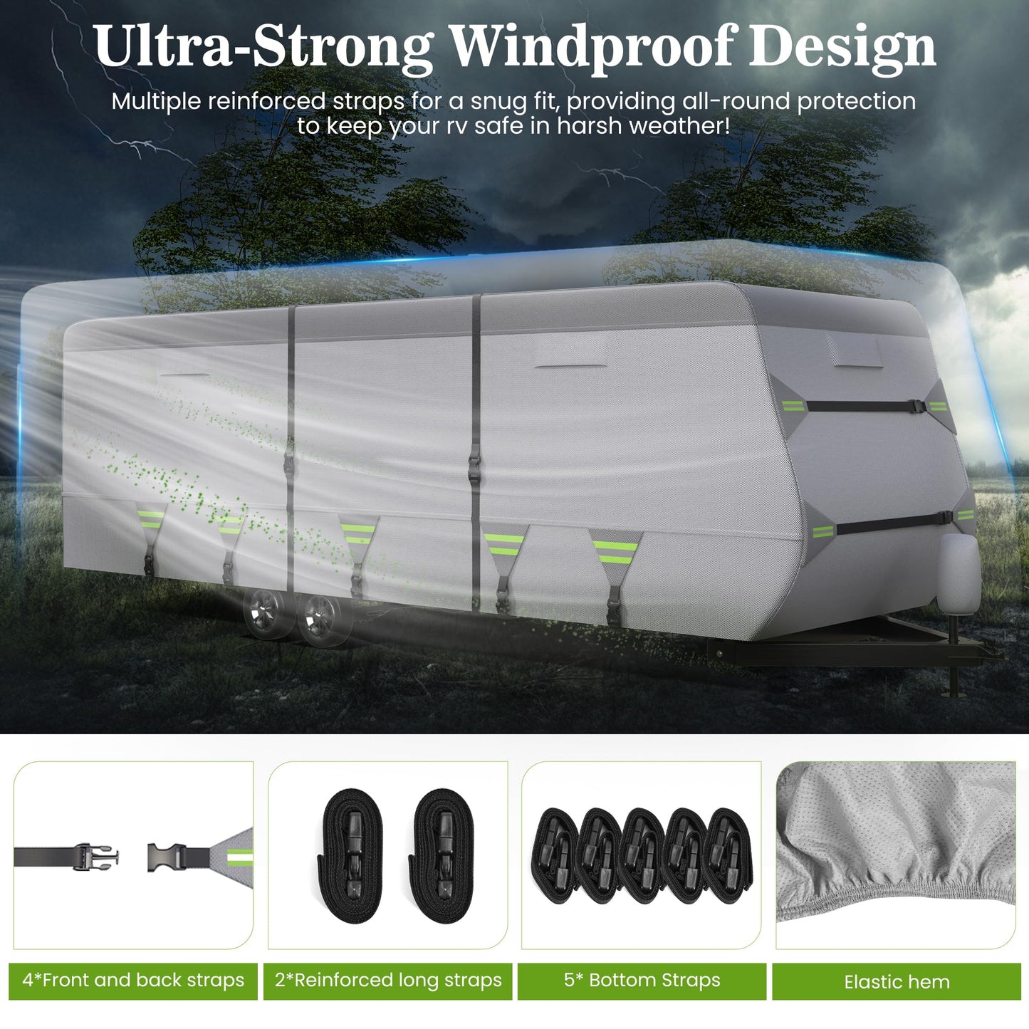 7-Layer Thickened RV Cover, 18-20ft Ultra Windproof & Tear Resistant Travel Trailer Cover, All-Weather Camper Cover with 6 Vents & Breathable Design, 5+2 Reinforced Straps and Complete Kit