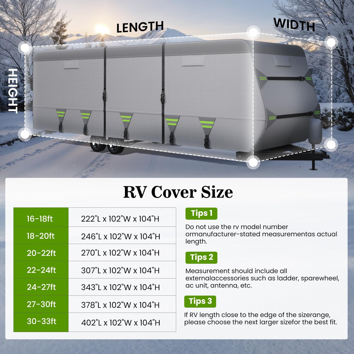 7-Layer Thickened RV Cover, 18-20ft Ultra Windproof & Tear Resistant Travel Trailer Cover, All-Weather Camper Cover with 6 Vents & Breathable Design, 5+2 Reinforced Straps and Complete Kit
