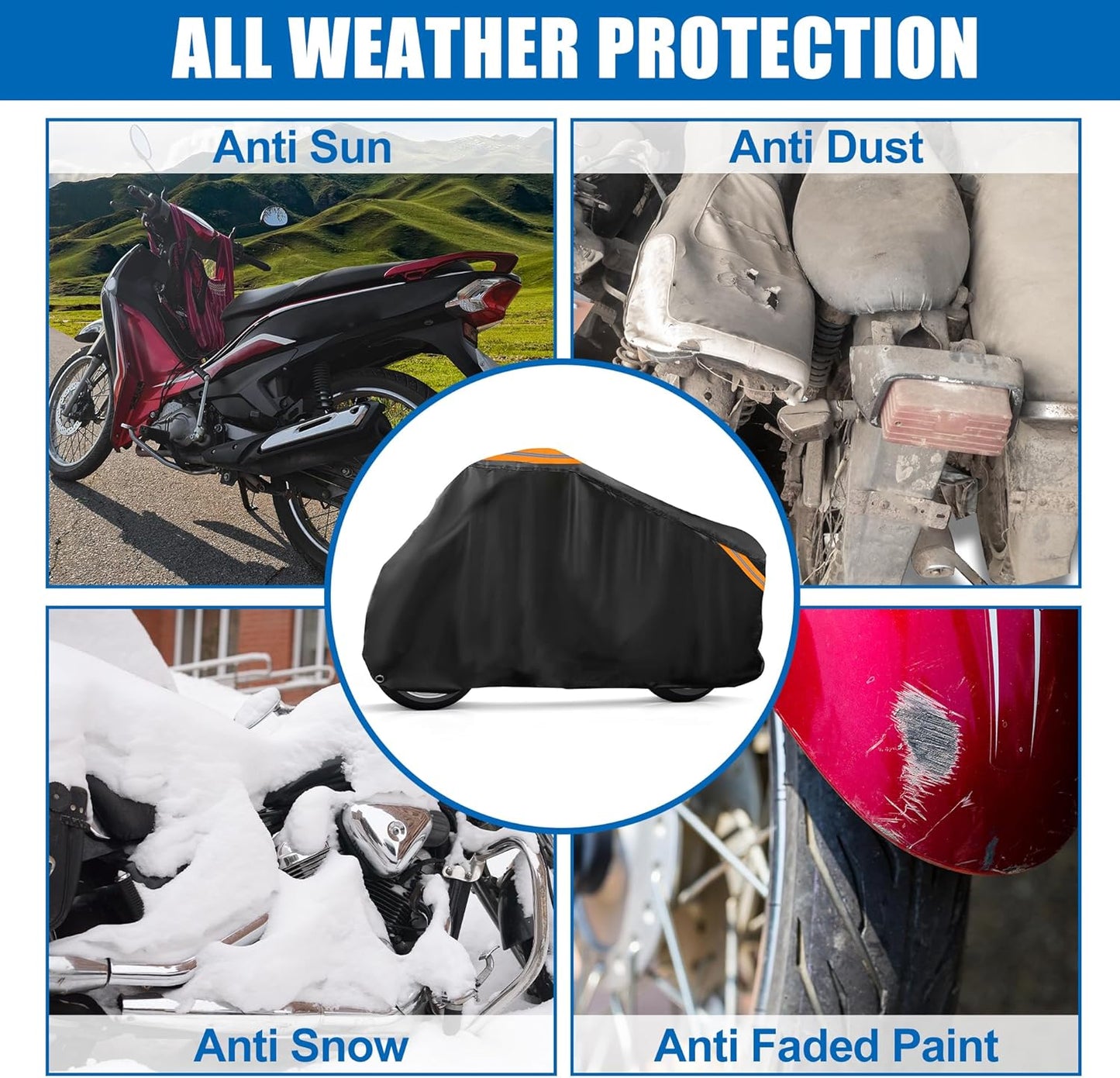 uxcell Motorcycle Cover All Season Universal Weather Waterproof Sun Outdoor Protection with Reflective Strip Lock-Holes Storage Bag Fits Up to 90.5" Motorcycles Vehicle Cover Black
