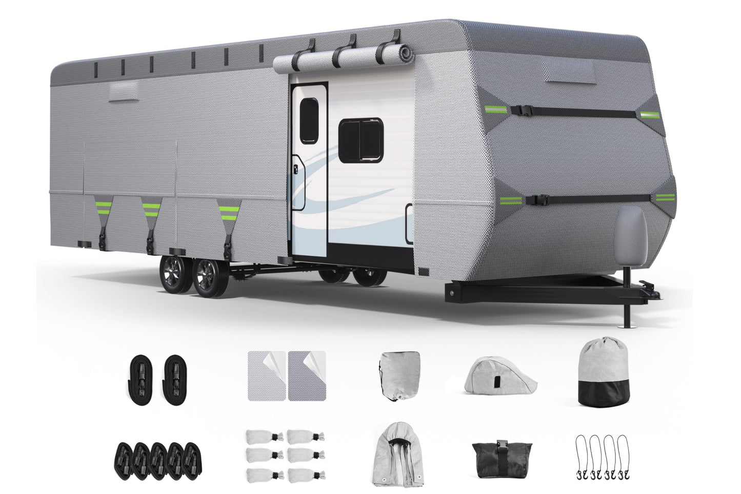 7-Layer Thickened RV Cover, 18-20ft Ultra Windproof & Tear Resistant Travel Trailer Cover, All-Weather Camper Cover with 6 Vents & Breathable Design, 5+2 Reinforced Straps and Complete Kit