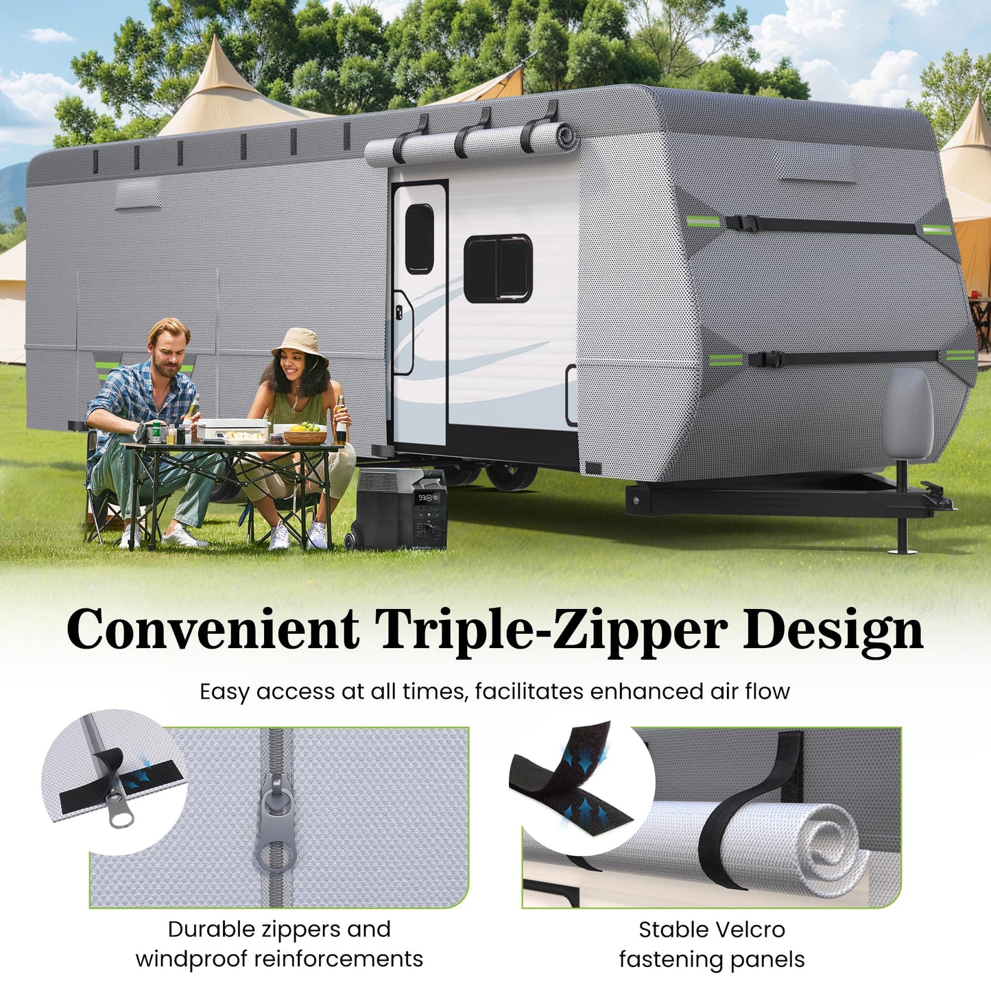 7-Layer Thickened RV Cover, 18-20ft Ultra Windproof & Tear Resistant Travel Trailer Cover, All-Weather Camper Cover with 6 Vents & Breathable Design, 5+2 Reinforced Straps and Complete Kit