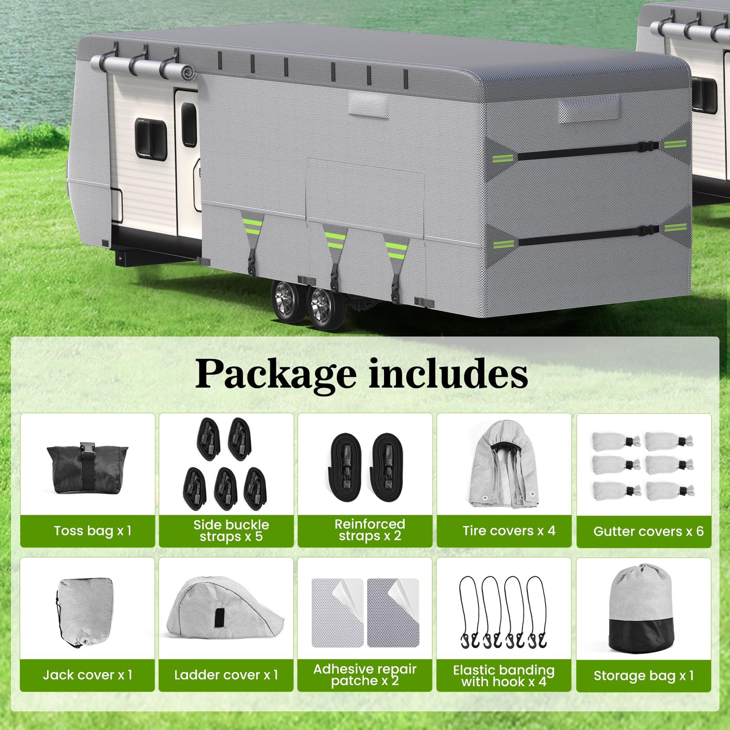 7-Layer Thickened RV Cover, 18-20ft Ultra Windproof & Tear Resistant Travel Trailer Cover, All-Weather Camper Cover with 6 Vents & Breathable Design, 5+2 Reinforced Straps and Complete Kit
