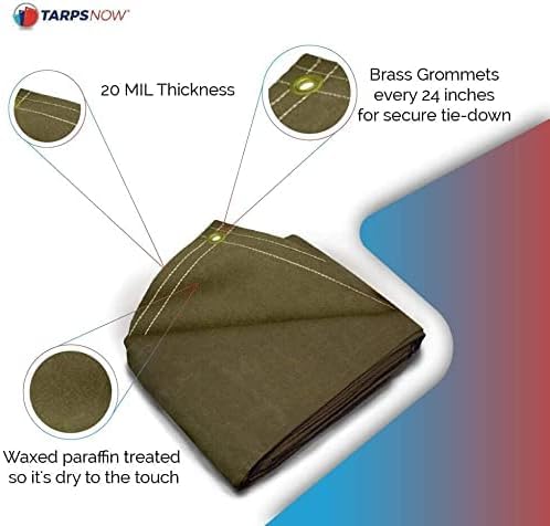 Tarps Now 20x20 ft Heavy Duty Canvas Tarp | 20 MIL Commercial Grade, Tear Resistant, Reinforced Edges, Brass Grommets | Ideal for Construction, Trucking, Manufacturing, Automotive – Olive Color