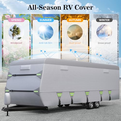 7-Layer Thickened RV Cover, 18-20ft Ultra Windproof & Tear Resistant Travel Trailer Cover, All-Weather Camper Cover with 6 Vents & Breathable Design, 5+2 Reinforced Straps and Complete Kit
