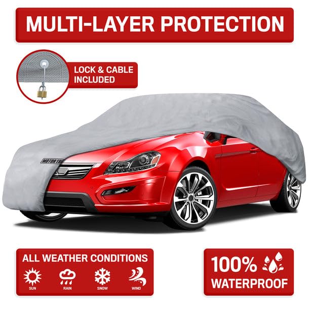 Motor Trend Breathable Lightweight Car Cover, Anti-Moisture Build-Up Water-Resistant Scratch-Resistant Travel-Friendly, Universal Fit for Cars SUVs Trucks Vans All-Weather Outdoor/Indoor, (L) 190" L