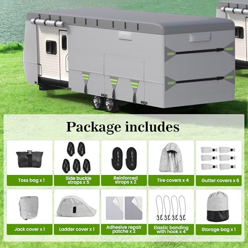 7-Layer Thickened RV Cover, 18-20ft Ultra Windproof & Tear Resistant Travel Trailer Cover, All-Weather Camper Cover with 6 Vents & Breathable Design, 5+2 Reinforced Straps and Complete Kit