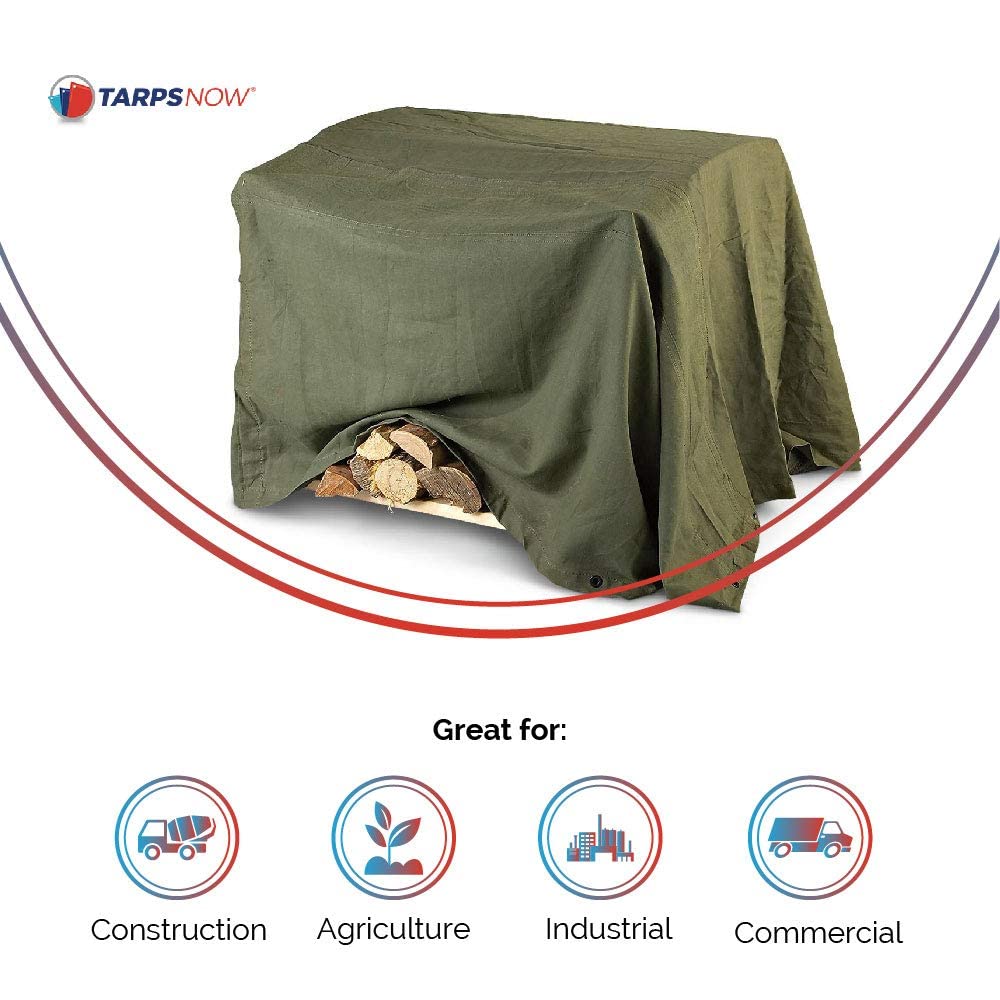 Tarps Now 20x20 ft Heavy Duty Canvas Tarp | 20 MIL Commercial Grade, Tear Resistant, Reinforced Edges, Brass Grommets | Ideal for Construction, Trucking, Manufacturing, Automotive – Olive Color