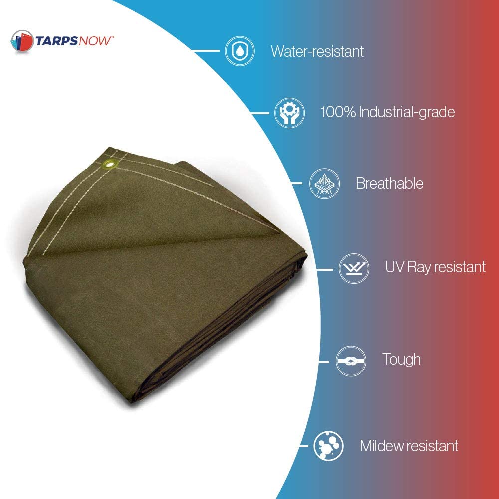 Tarps Now 20x20 ft Heavy Duty Canvas Tarp | 20 MIL Commercial Grade, Tear Resistant, Reinforced Edges, Brass Grommets | Ideal for Construction, Trucking, Manufacturing, Automotive – Olive Color