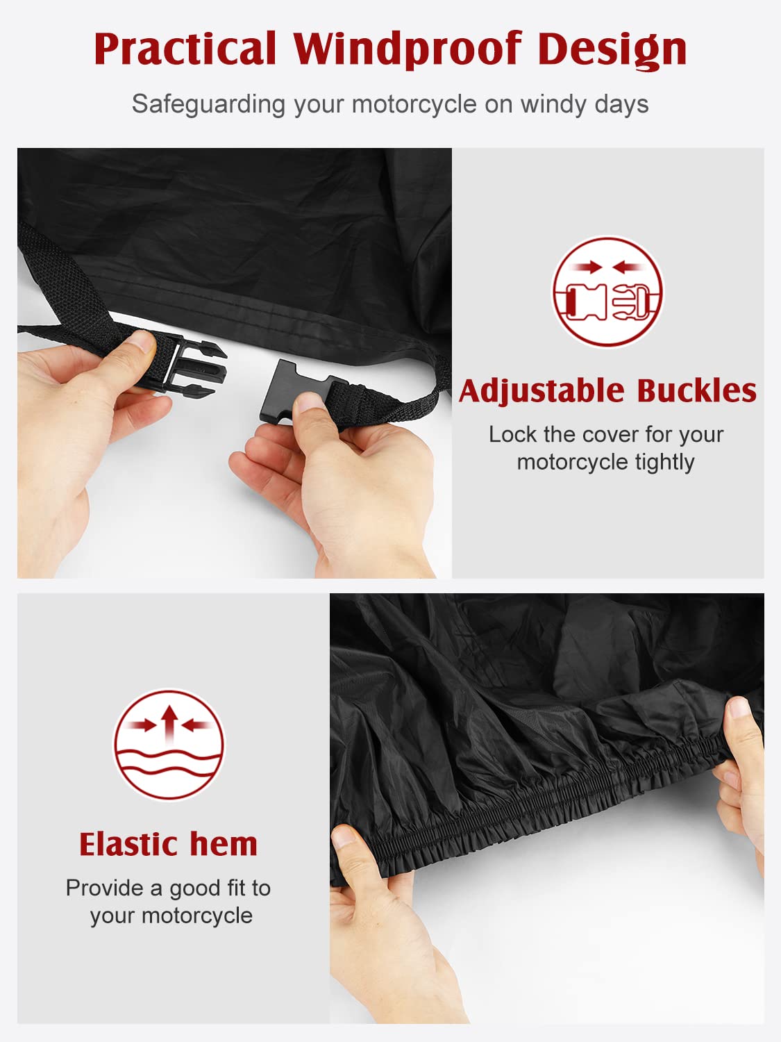 Waterproof Motorcycle Cover - 210D Oxford Motorbike Scooter Covers with Lock-Holes, All Weather Outdoor Protection Fits up to 96.5 inches Motorcycles Harley Davidson, Honda, Suzuki, Kawasaki, Yamaha