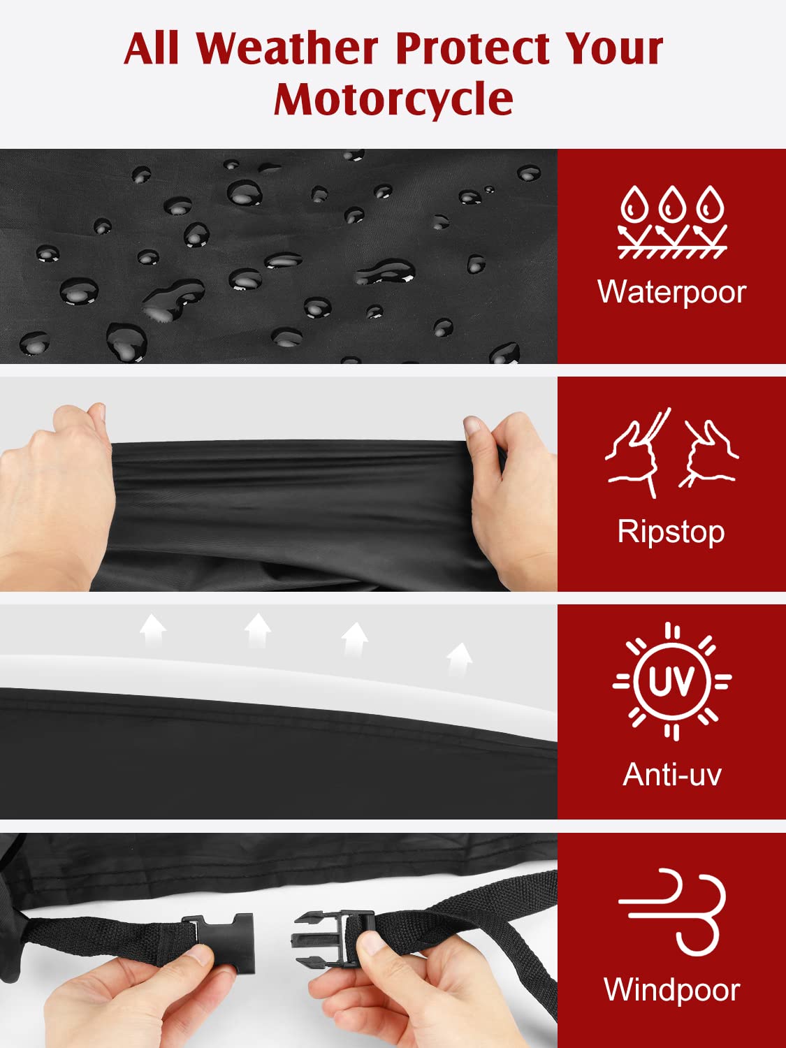 Waterproof Motorcycle Cover - 210D Oxford Motorbike Scooter Covers with Lock-Holes, All Weather Outdoor Protection Fits up to 96.5 inches Motorcycles Harley Davidson, Honda, Suzuki, Kawasaki, Yamaha