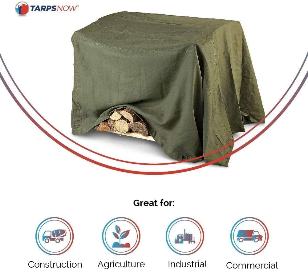 Tarps Now 20x20 ft Heavy Duty Canvas Tarp | 20 MIL Commercial Grade, Tear Resistant, Reinforced Edges, Brass Grommets | Ideal for Construction, Trucking, Manufacturing, Automotive – Olive Color