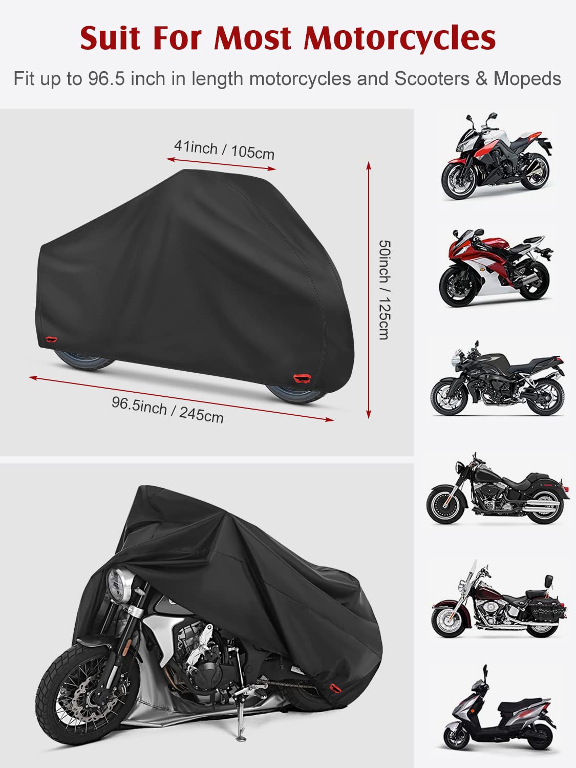 Waterproof Motorcycle Cover - 210D Oxford Motorbike Scooter Covers with Lock-Holes, All Weather Outdoor Protection Fits up to 96.5 inches Motorcycles Harley Davidson, Honda, Suzuki, Kawasaki, Yamaha
