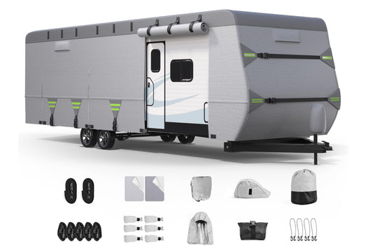 7-Layer Thickened RV Cover, 18-20ft Ultra Windproof & Tear Resistant Travel Trailer Cover, All-Weather Camper Cover with 6 Vents & Breathable Design, 5+2 Reinforced Straps and Complete Kit